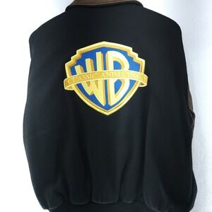 Vintage Warner Bros Bomber Black Wool Brown Leather Sleeves Jacket Size S New